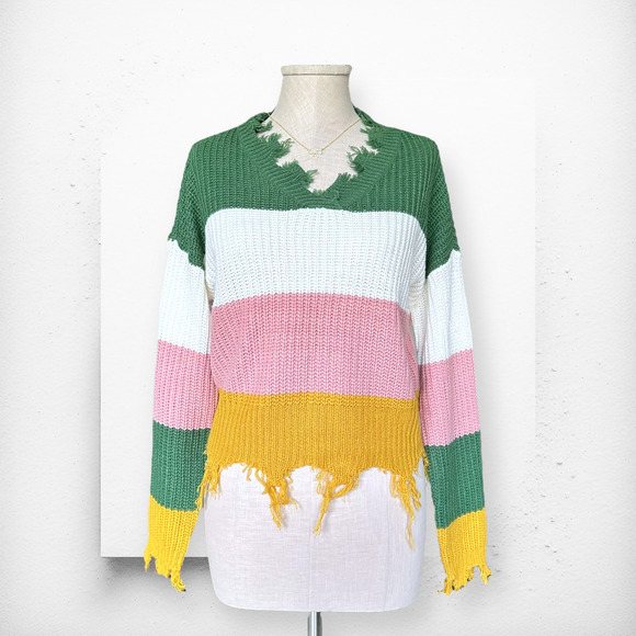 SAKS FIFTH AVENUE Colorblock Frayed Hem Sweater V-Neck Knit Pink Green Yellow - Picture 1 of 9